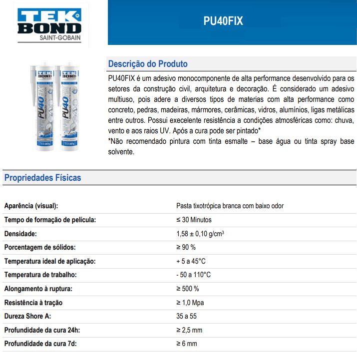 Adesivo Selante Pu40 Fix BR 387Gr Tekbond