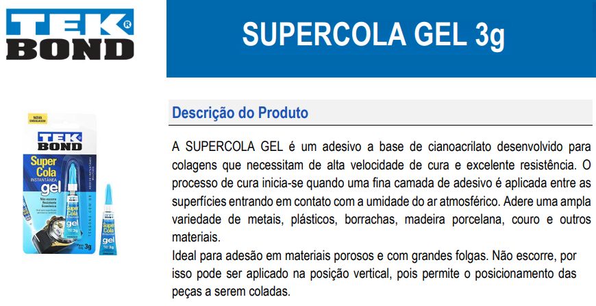 Adesivo Instantaneo Gel 3Gr Blister Tekbond